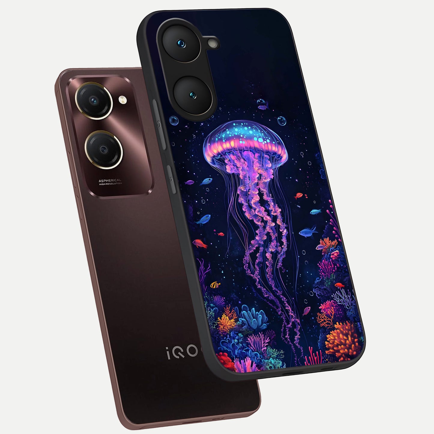  Neon Jellyfish phone case for iQOO Z9 lite showing premium glass back cover with detailed artwork
