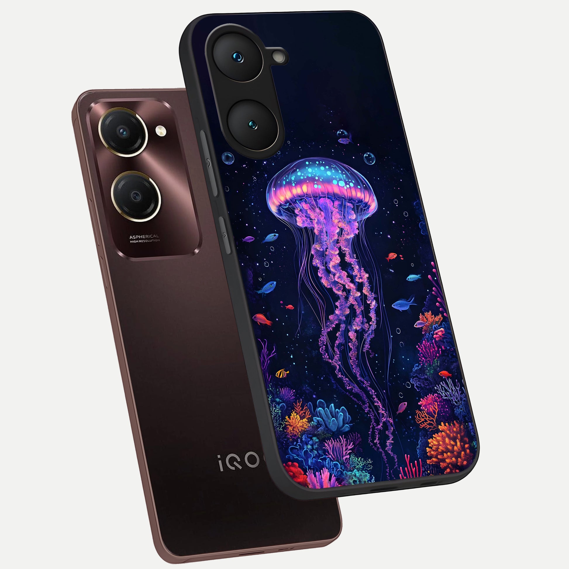  Neon Jellyfish phone case for iQOO Z9 lite showing premium glass back cover with detailed artwork