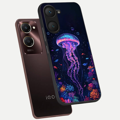  Neon Jellyfish phone case for iQOO Z9 lite showing premium glass back cover with detailed artwork