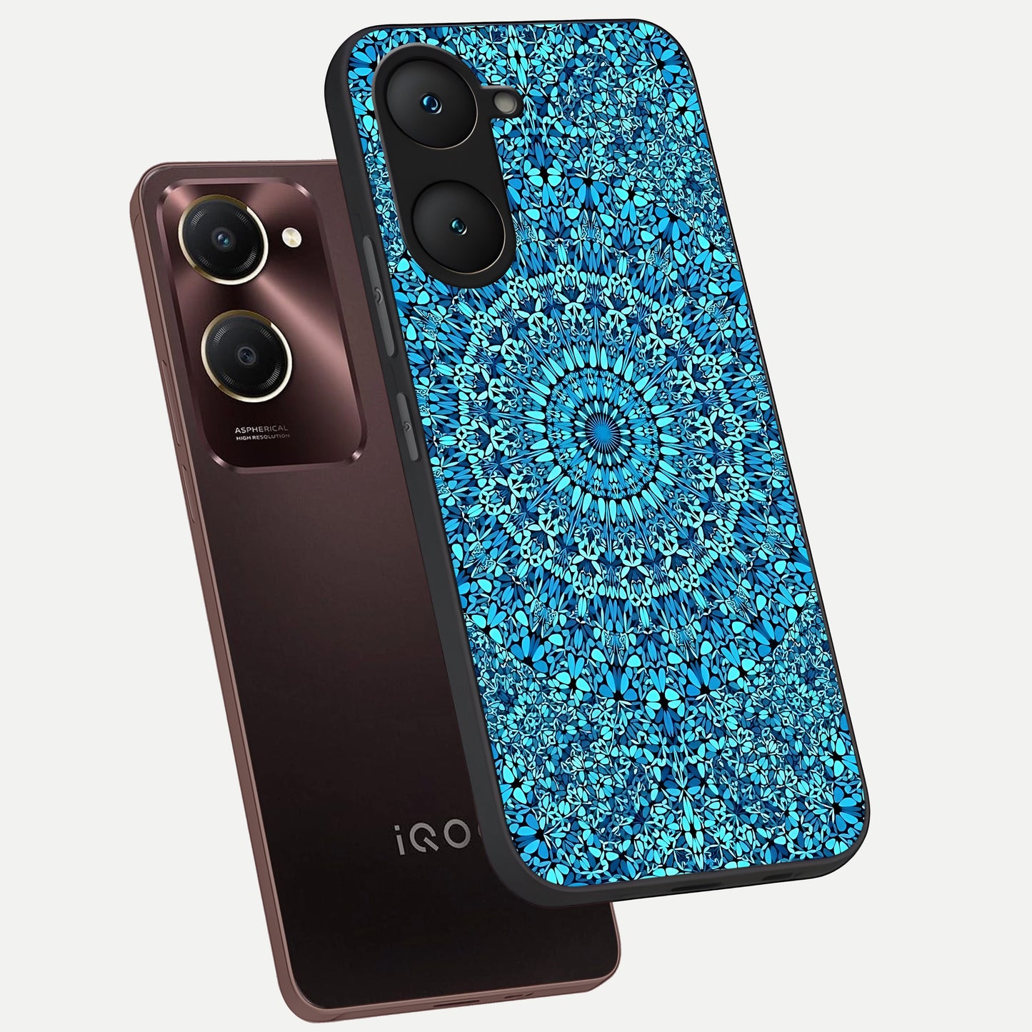  Ocean Bloom Mandala phone case for iQOO Z9 lite showing premium glass back cover with detailed artwork