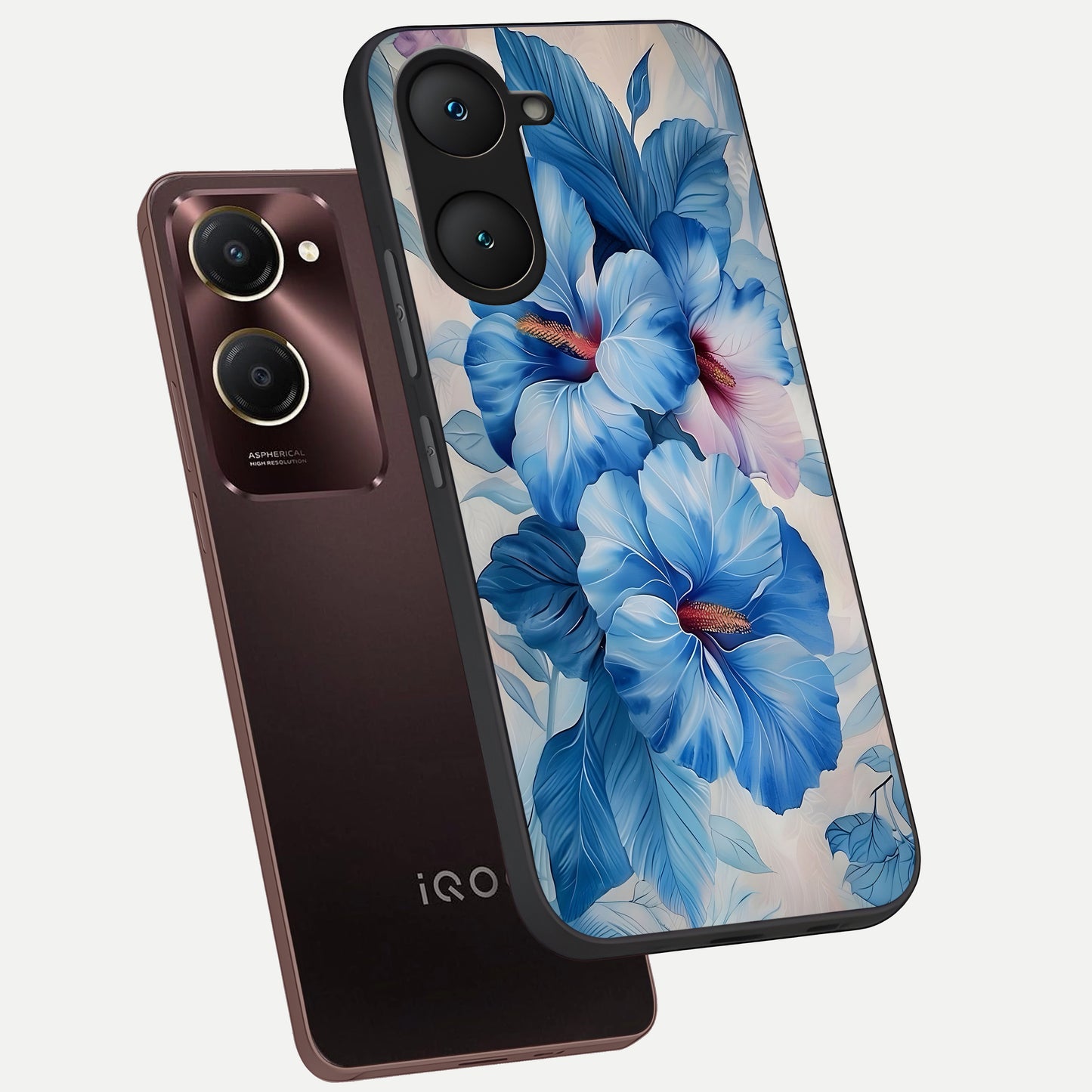  Ocean Hibiscus Grace phone case for iQOO Z9 lite showing premium glass back cover with detailed artwork