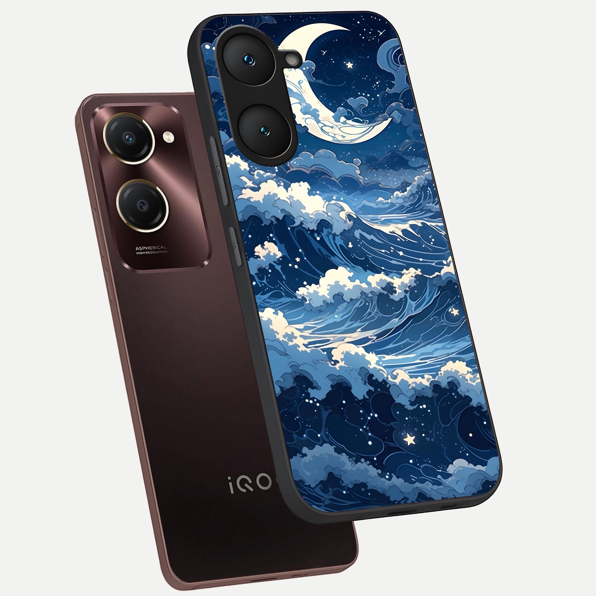  Ocean Moon Waves phone case for iQOO Z9 lite showing premium glass back cover with detailed artwork