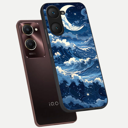  Ocean Moon Waves phone case for iQOO Z9 lite showing premium glass back cover with detailed artwork