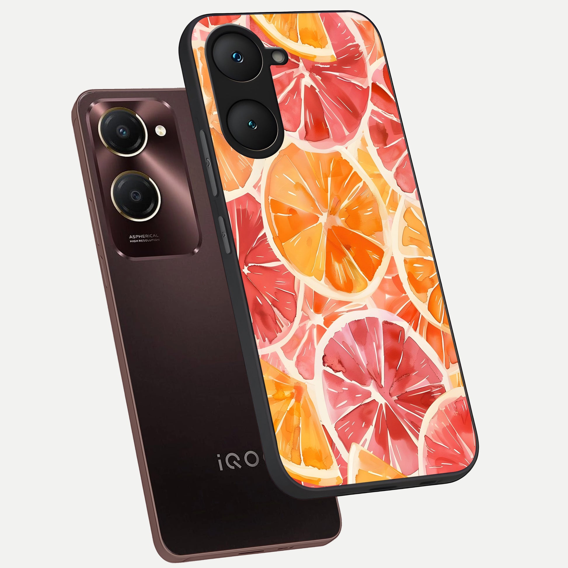  Orange Fruits Pattern phone case for iQOO Z9 lite showing premium glass back cover with detailed artwork
