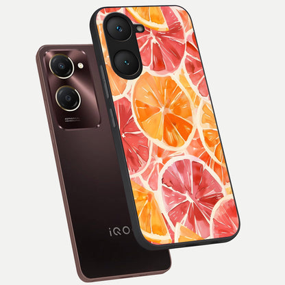  Orange Fruits Pattern phone case for iQOO Z9 lite showing premium glass back cover with detailed artwork