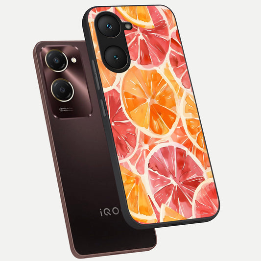  Orange Fruits Pattern phone case for iQOO Z9 lite showing premium glass back cover with detailed artwork
