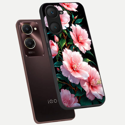  Peach Flower phone case for iQOO Z9 lite showing premium glass back cover with detailed artwork