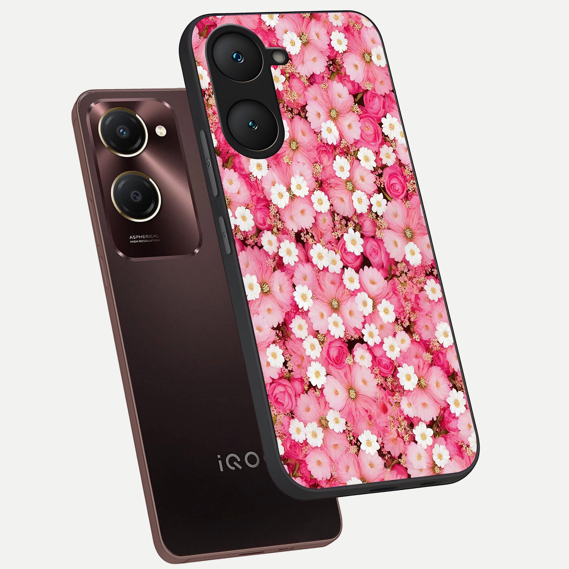  Pink Daisy Bliss phone case for iQOO Z9 lite showing premium glass back cover with detailed artwork