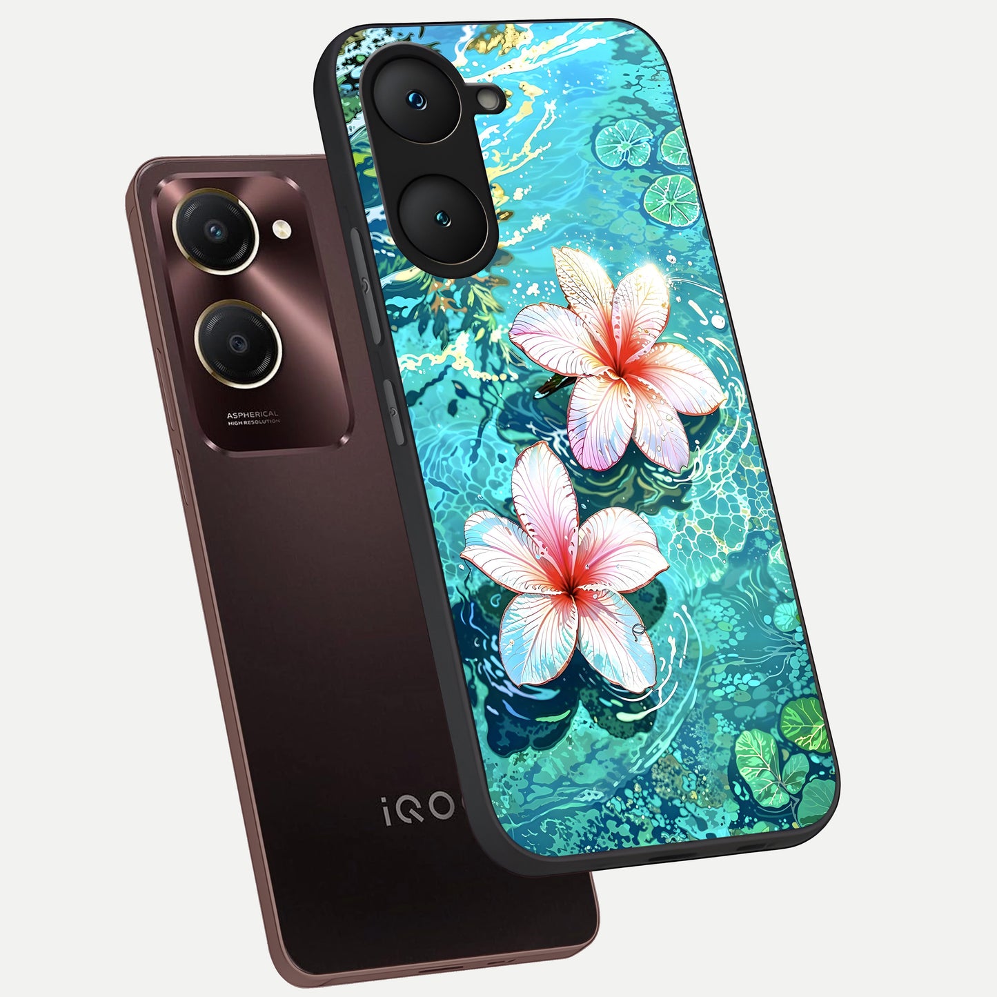  Pink Flowers in Water phone case for iQOO Z9 lite showing premium glass back cover with detailed artwork