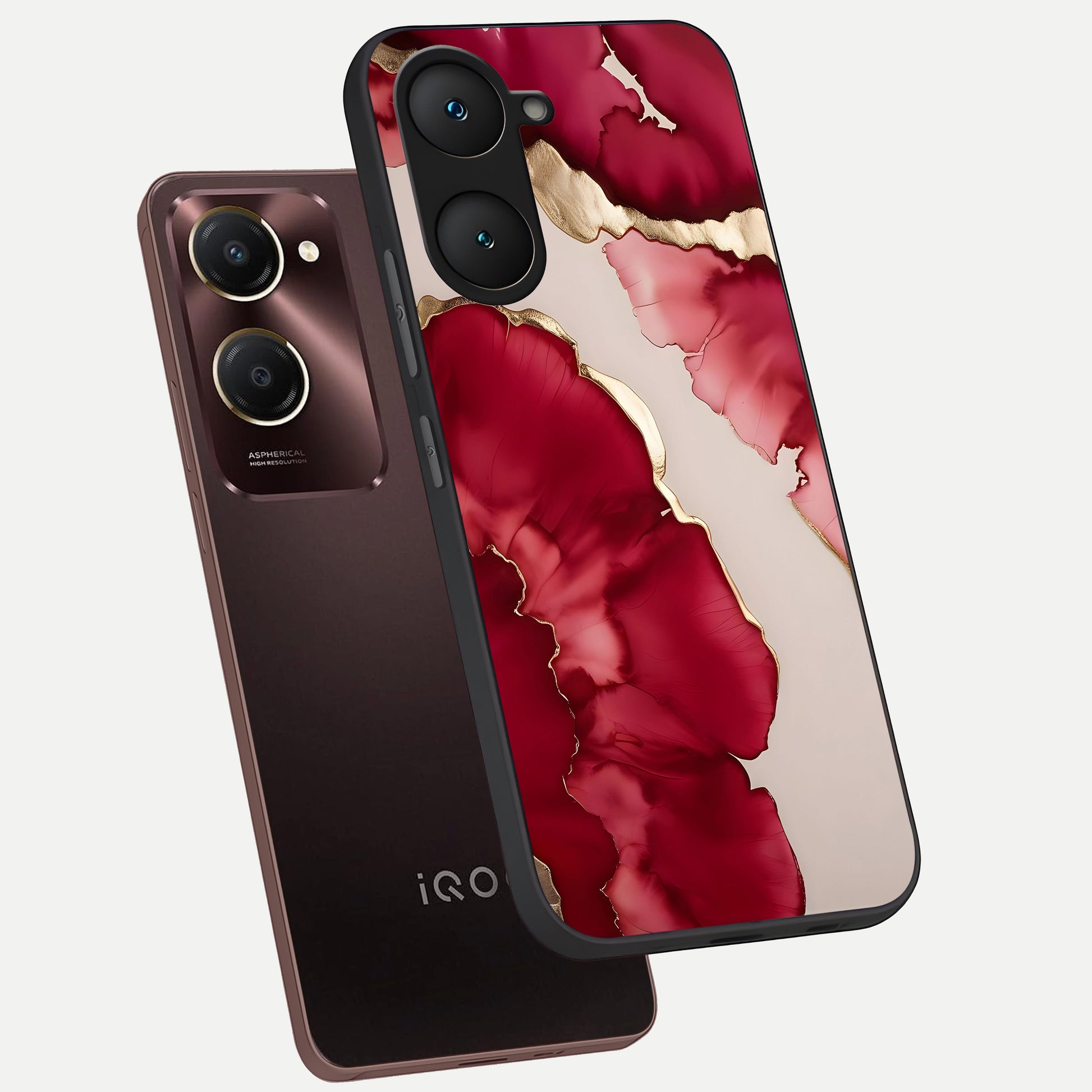  Pink And White Marble phone case for iQOO Z9 lite showing premium glass back cover with detailed artwork