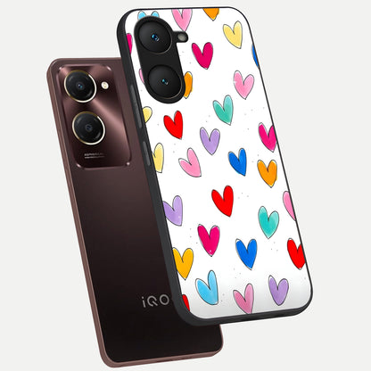  Playful Love Doodles phone case for iQOO Z9 lite showing premium glass back cover with detailed artwork