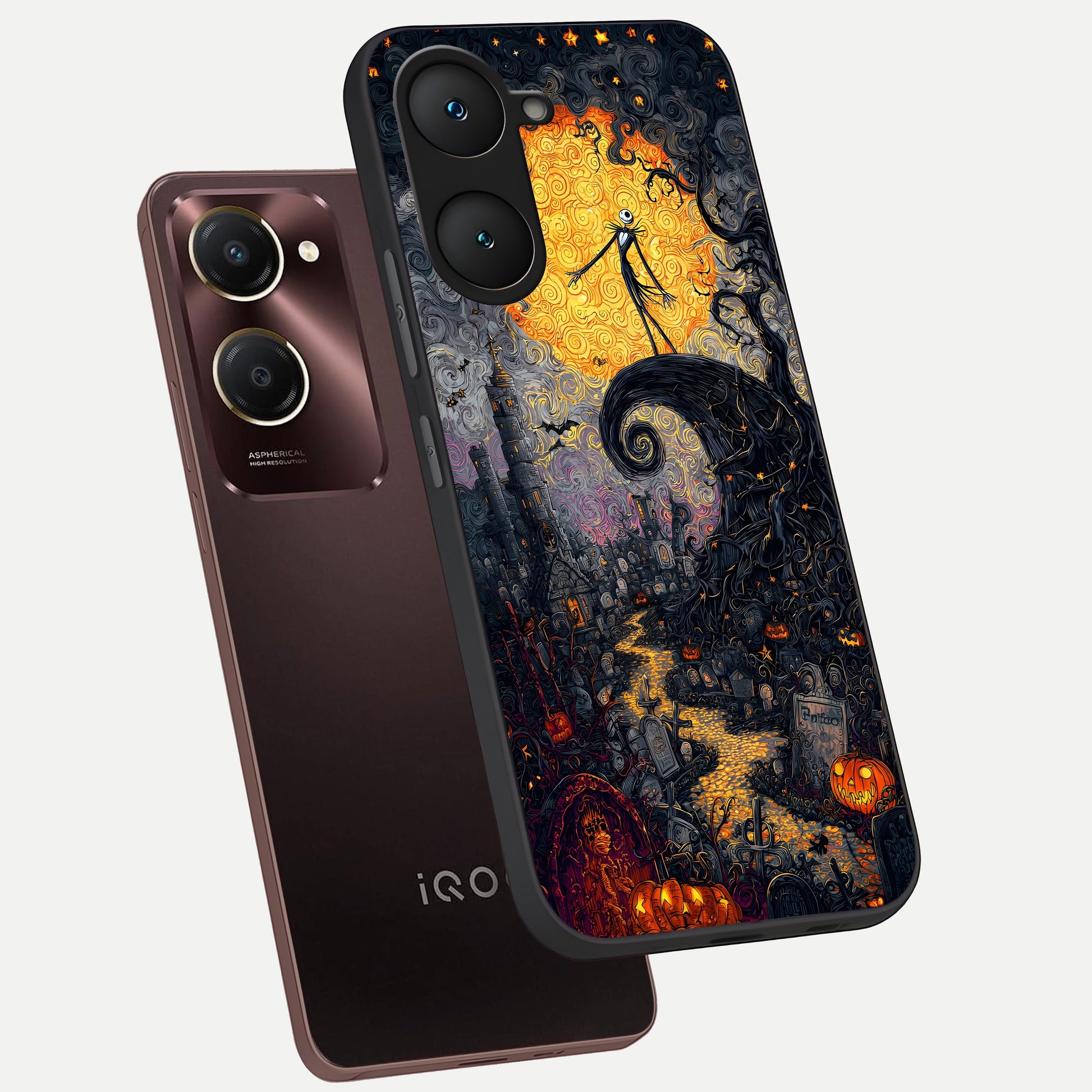  Pumpkin Moon Night phone case for iQOO Z9 lite showing premium glass back cover with detailed artwork