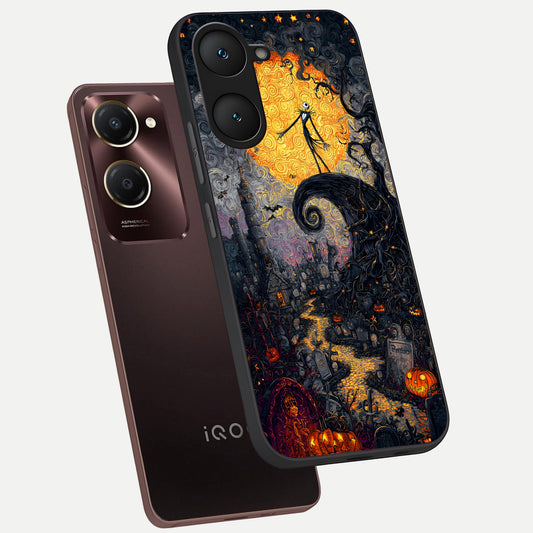  Pumpkin Moon Night phone case for iQOO Z9 lite showing premium glass back cover with detailed artwork
