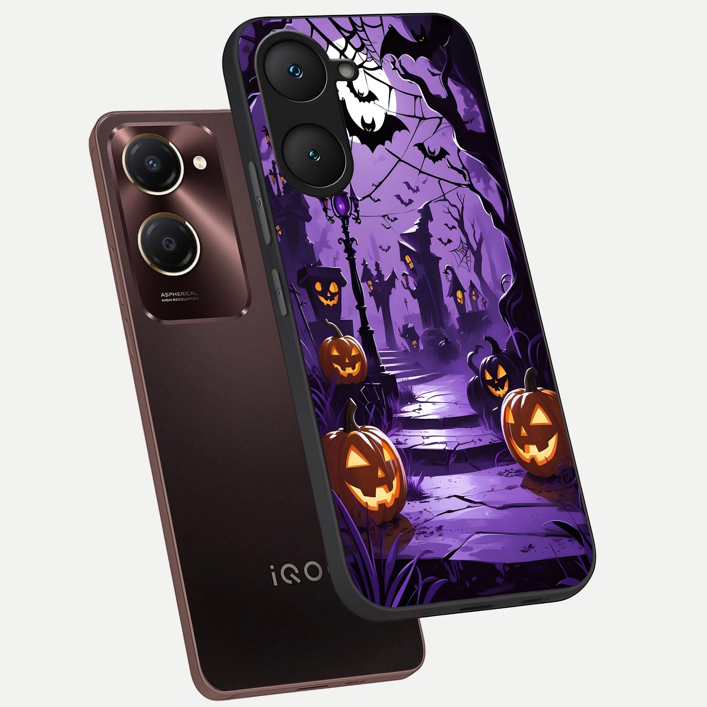  Pumpkin Patch Halloween phone case for iQOO Z9 lite showing premium glass back cover with detailed artwork