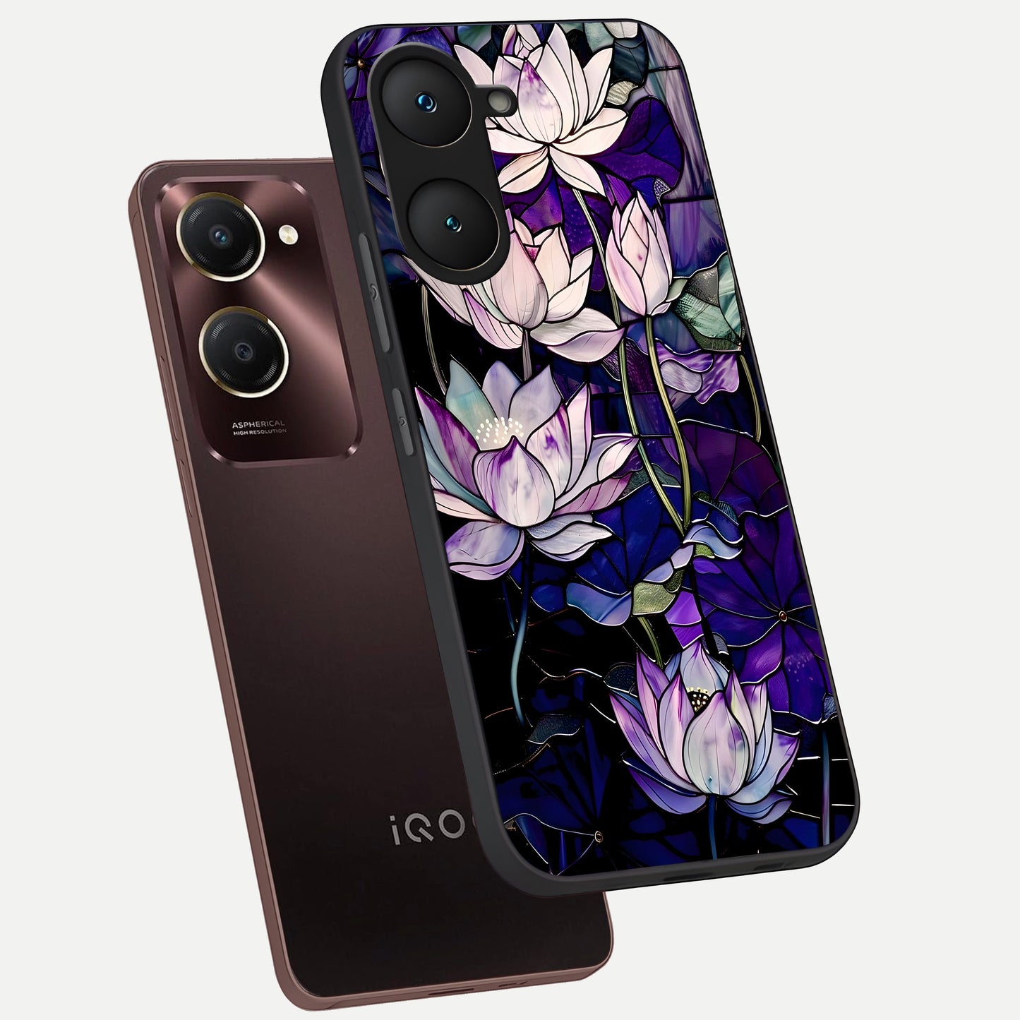  Purple Lotus Pattern phone case for iQOO Z9 lite showing premium glass back cover with detailed artwork