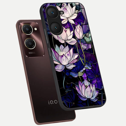  Purple Lotus Pattern phone case for iQOO Z9 lite showing premium glass back cover with detailed artwork