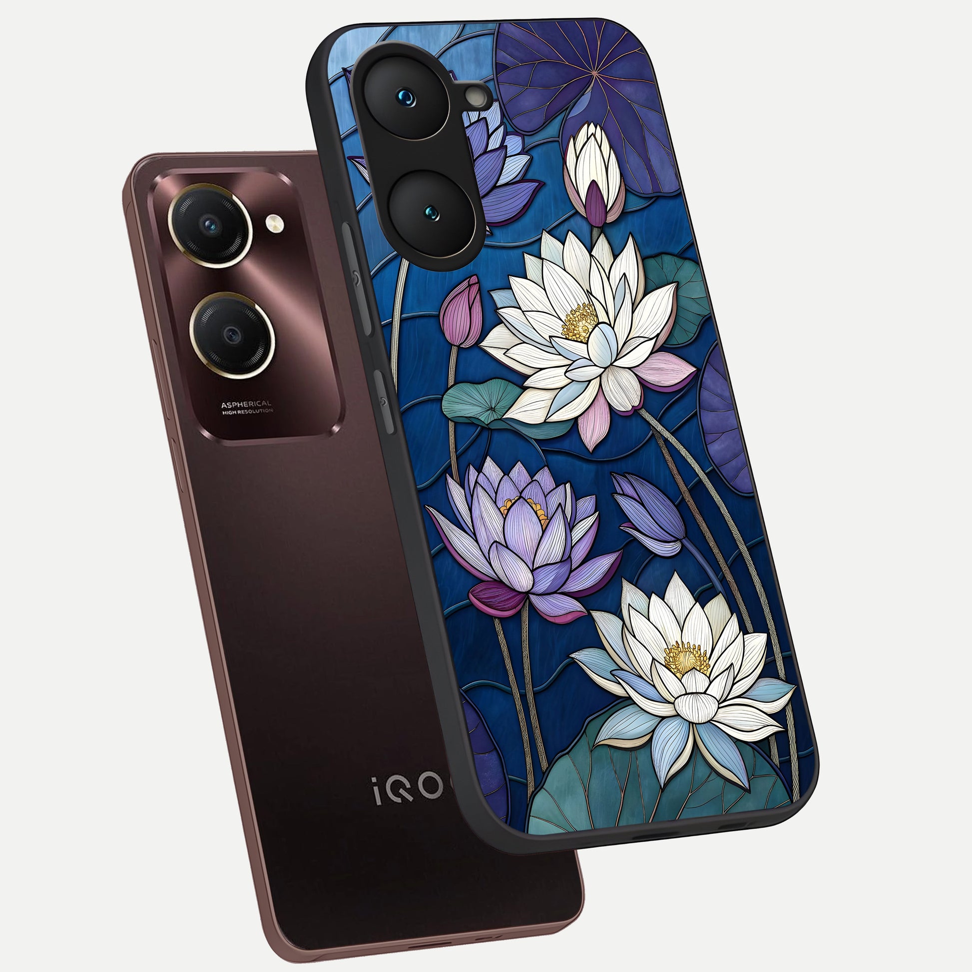  Purple Lotus Stained phone case for iQOO Z9 lite showing premium glass back cover with detailed artwork