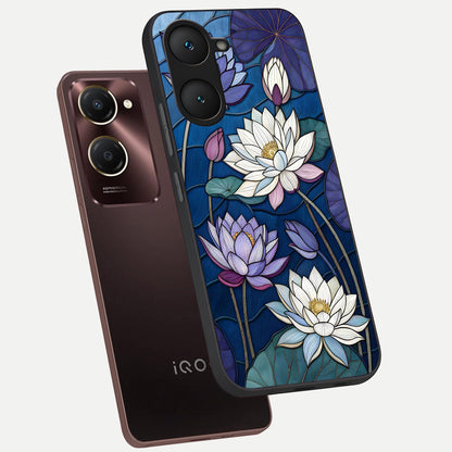  Purple Lotus Stained phone case for iQOO Z9 lite showing premium glass back cover with detailed artwork