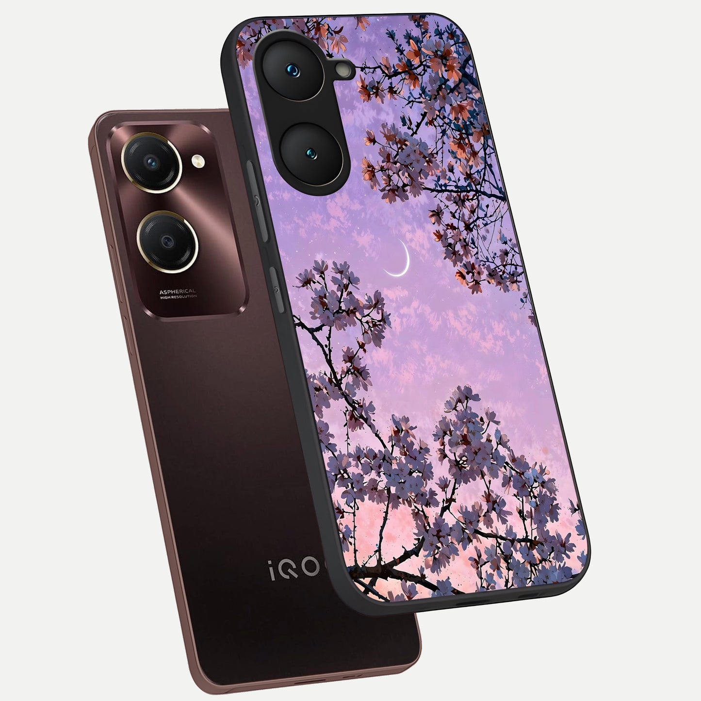  Purple Serenity Moon phone case for iQOO Z9 lite showing premium glass back cover with detailed artwork
