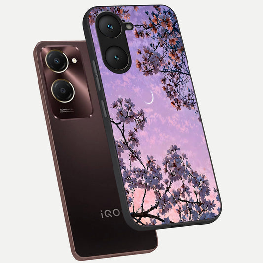 Purple Serenity Moon phone case for iQOO Z9 lite showing premium glass back cover with detailed artwork