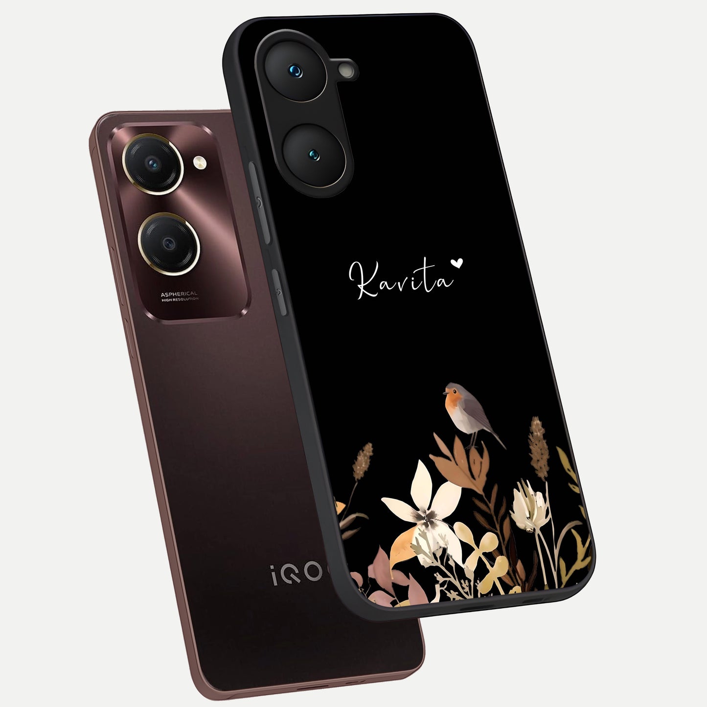  Quiet Garden Tune Custom Name phone case for iQOO Z9 lite showing premium glass back cover with detailed artwork