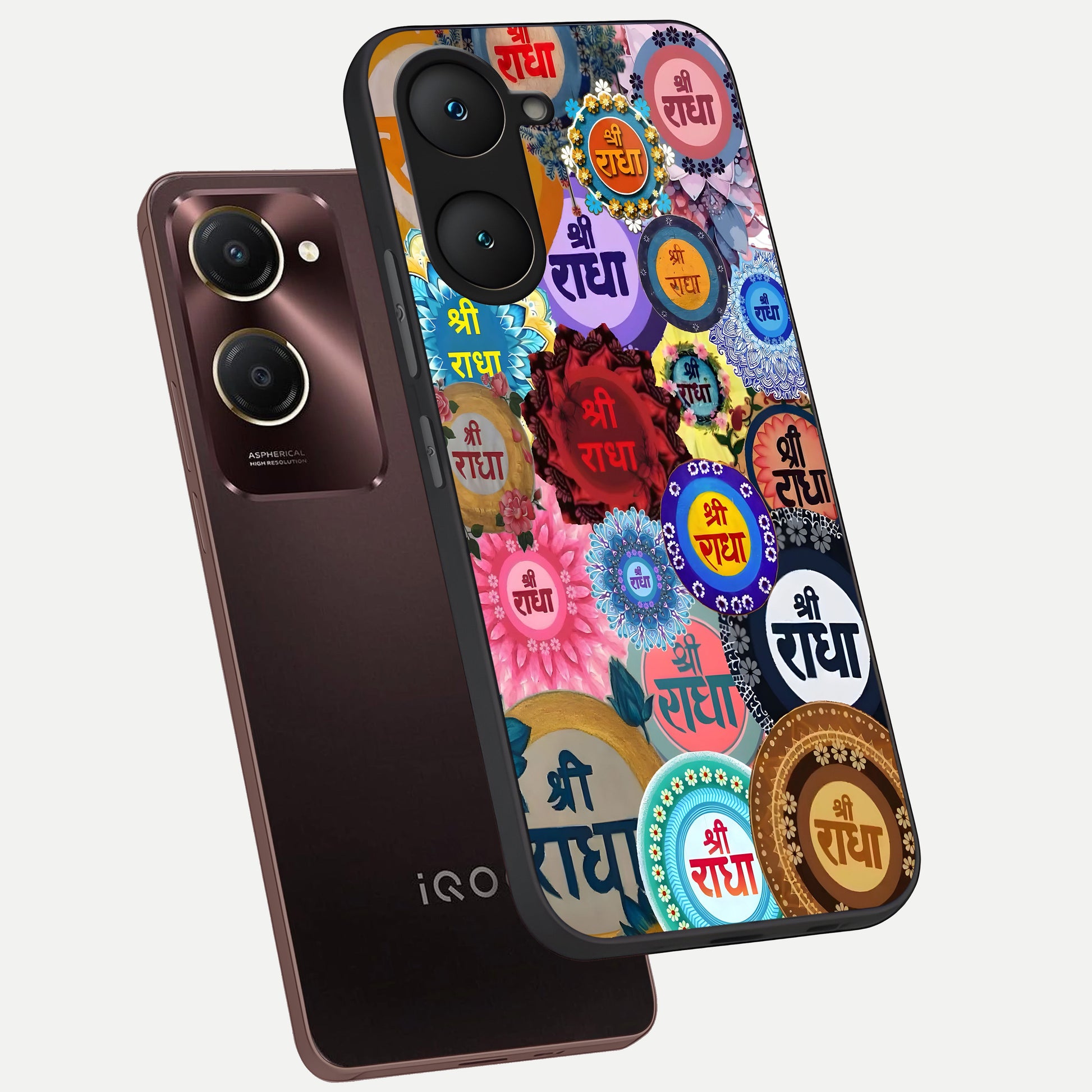  Radha Divine Bloom phone case for iQOO Z9 lite showing premium glass back cover with detailed artwork