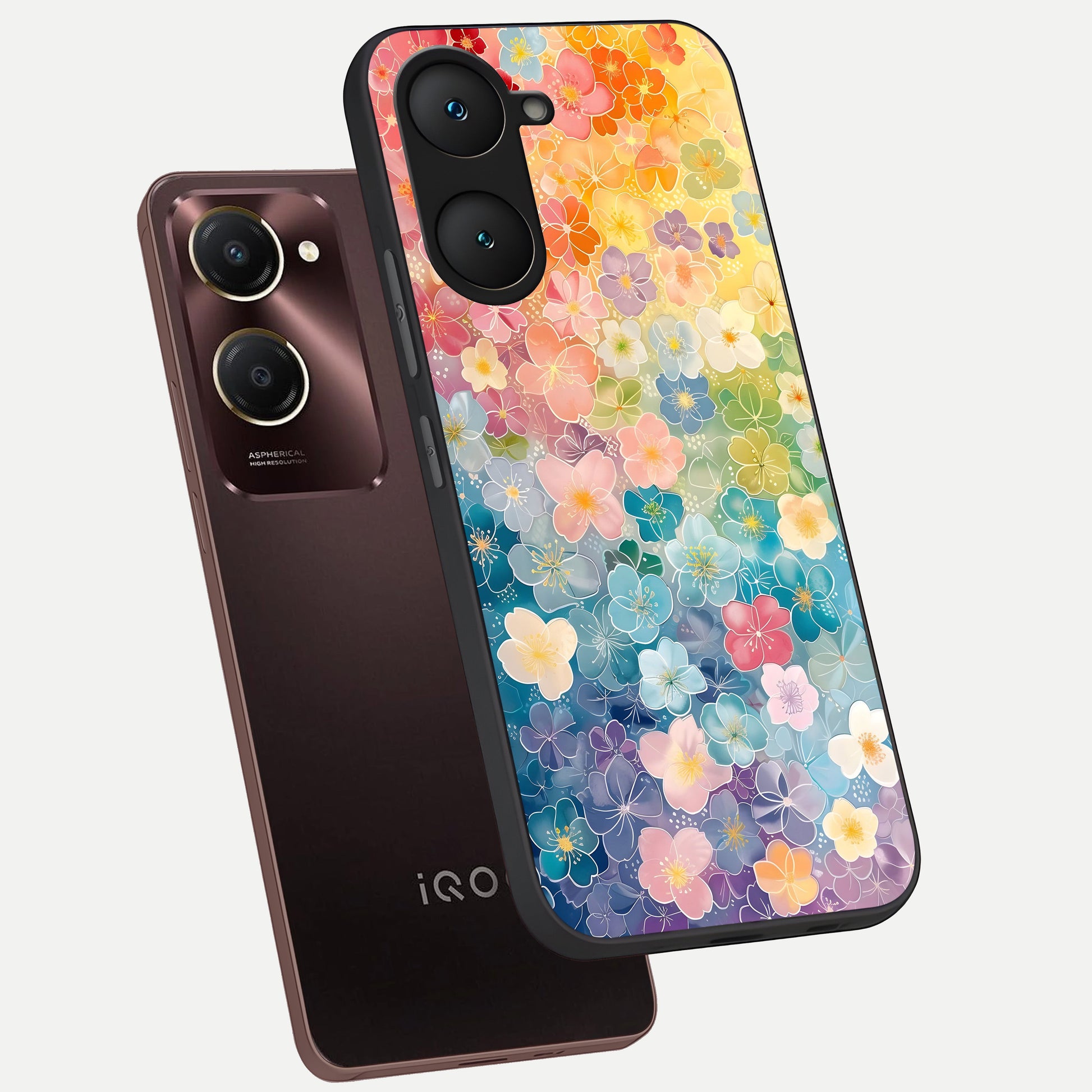  Rainbow Blossom Burst phone case for iQOO Z9 lite showing premium glass back cover with detailed artwork