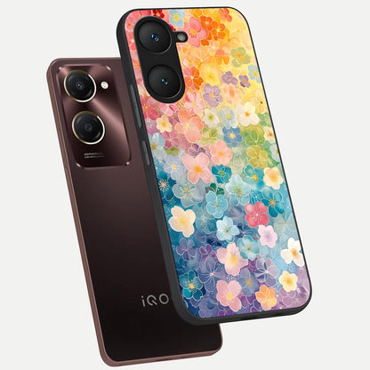  Rainbow Blossom Burst phone case for iQOO Z9 lite showing premium glass back cover with detailed artwork