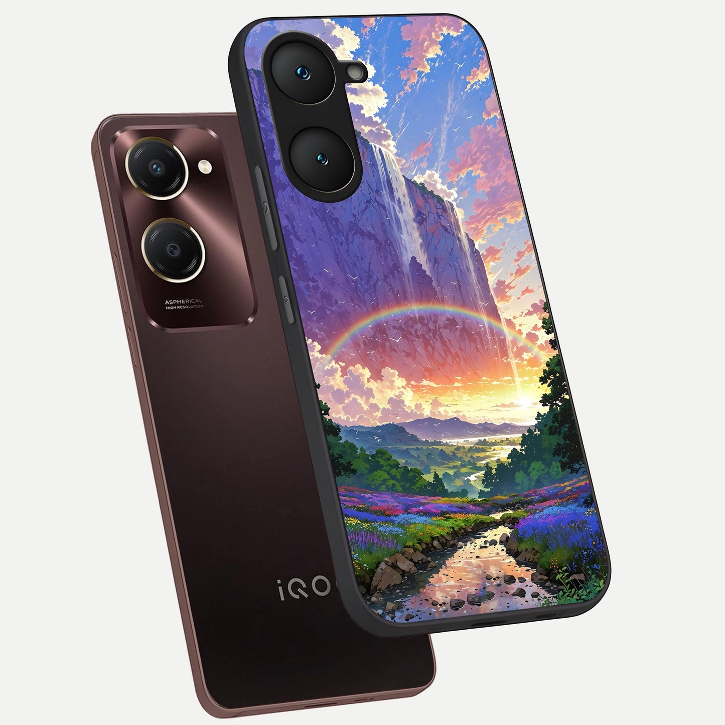  Rainbow Valley Dream phone case for iQOO Z9 lite showing premium glass back cover with detailed artwork