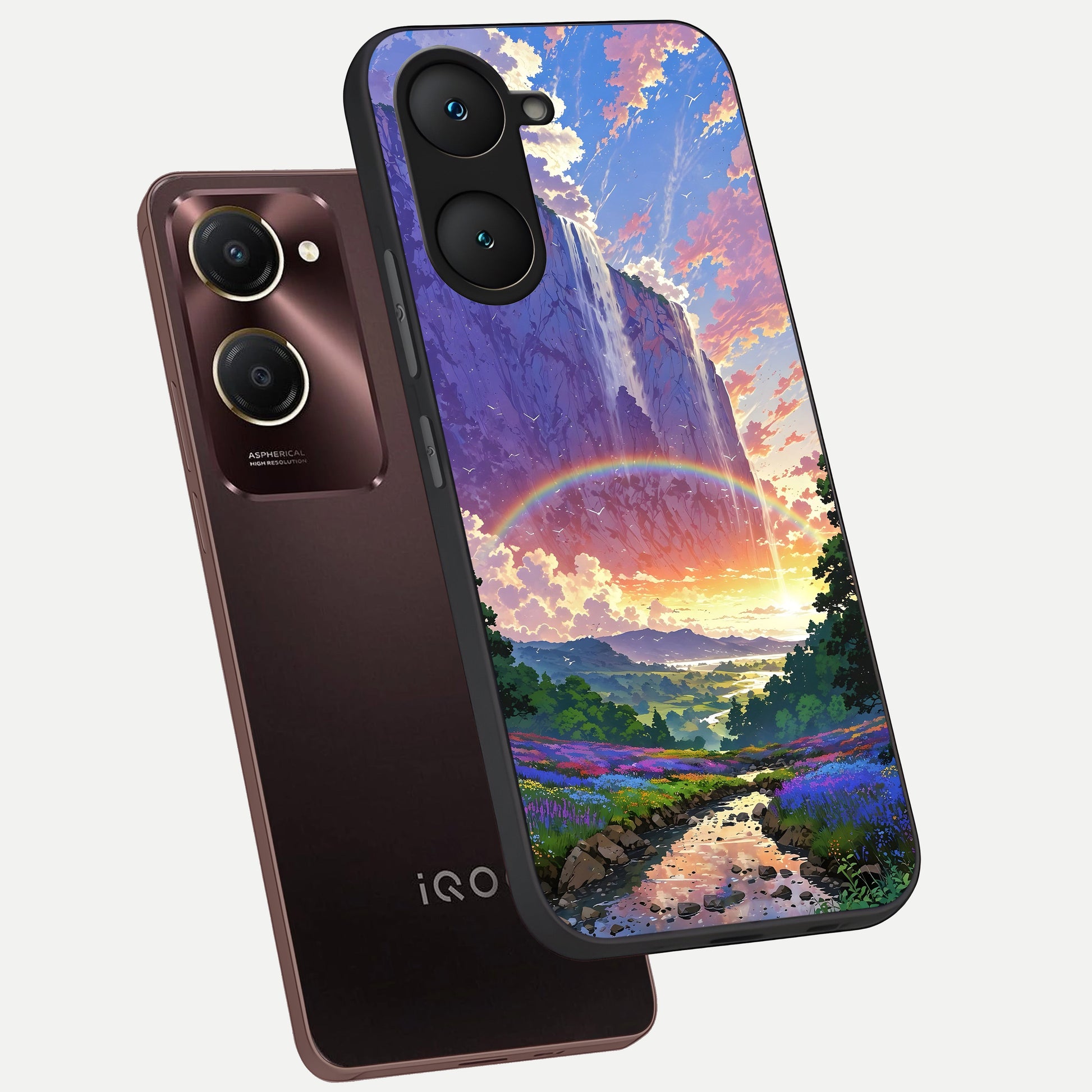  Rainbow Valley Dream phone case for iQOO Z9 lite showing premium glass back cover with detailed artwork