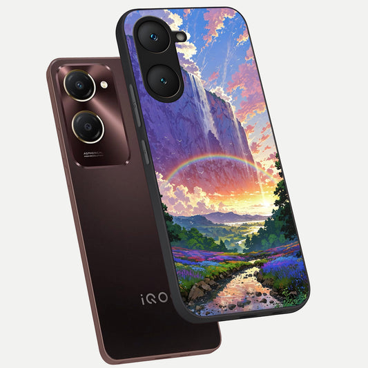  Rainbow Valley Dream phone case for iQOO Z9 lite showing premium glass back cover with detailed artwork
