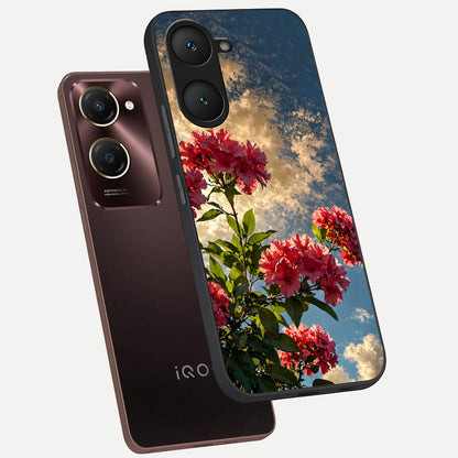  Red Bloom Skies phone case for iQOO Z9 lite showing premium glass back cover with detailed artwork