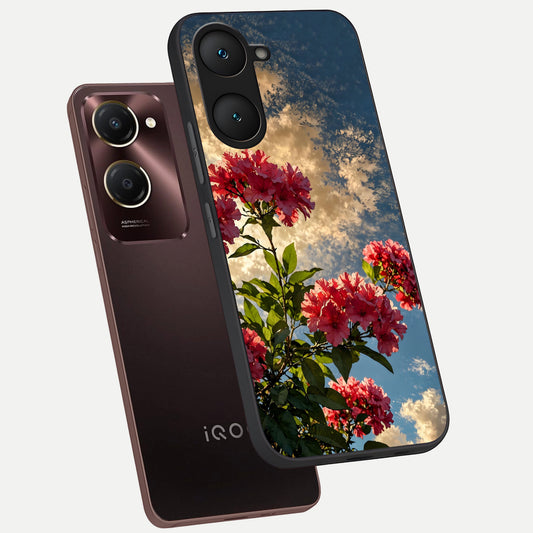  Red Bloom Skies phone case for iQOO Z9 lite showing premium glass back cover with detailed artwork
