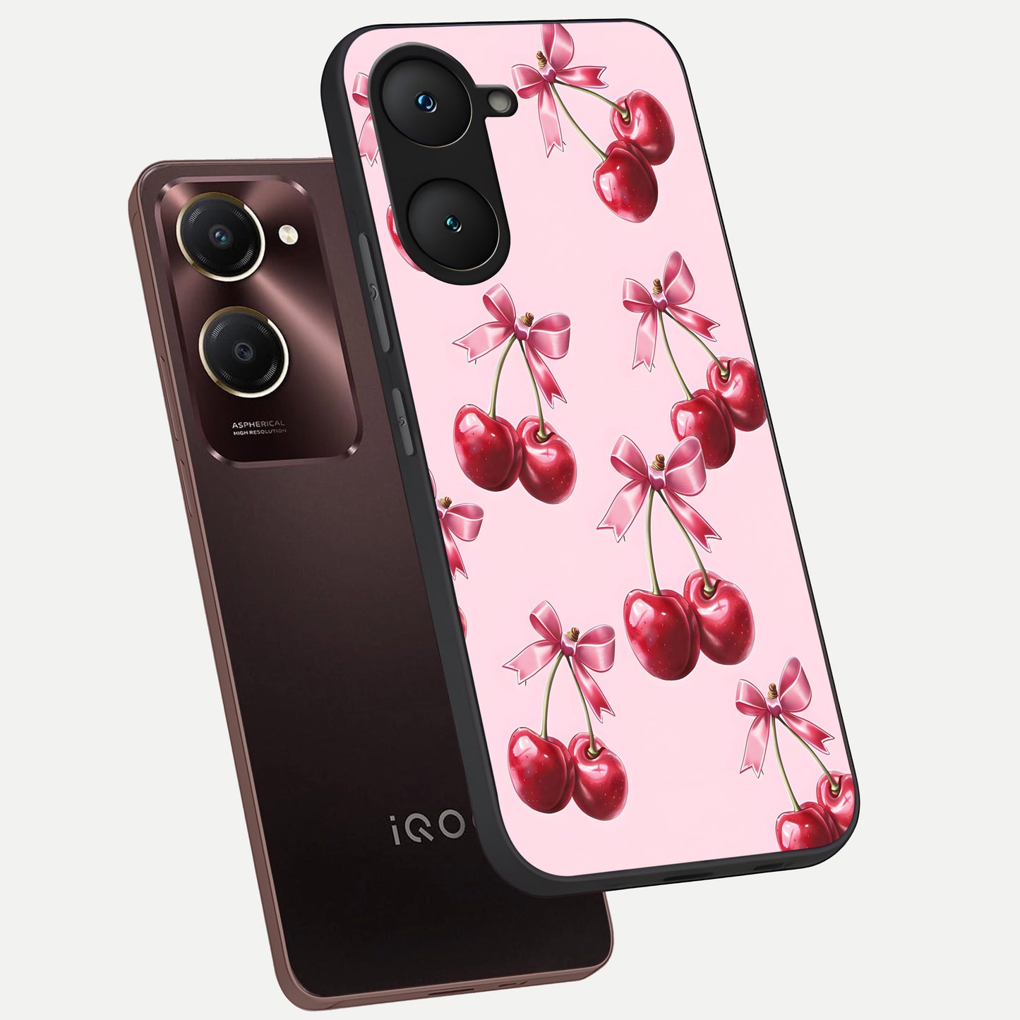  Red Cherries Pattern phone case for iQOO Z9 lite showing premium glass back cover with detailed artwork