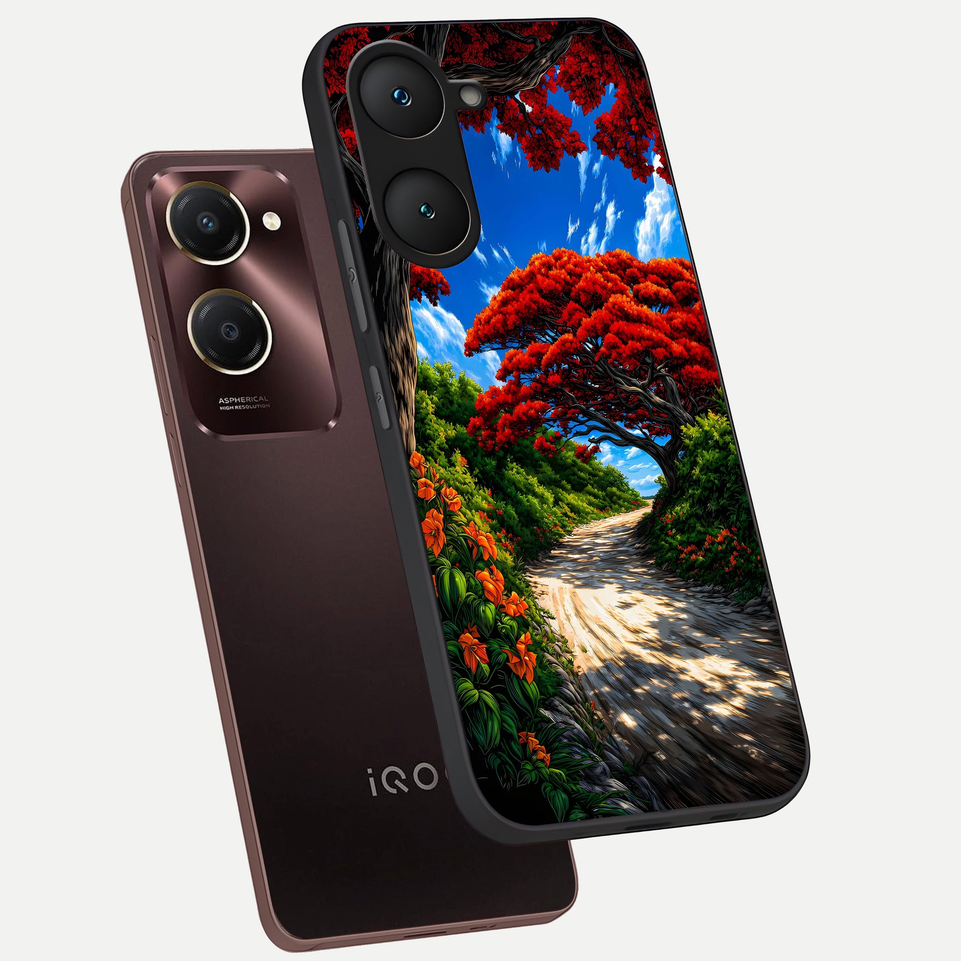  Red Trees Pathway phone case for iQOO Z9 lite showing premium glass back cover with detailed artwork