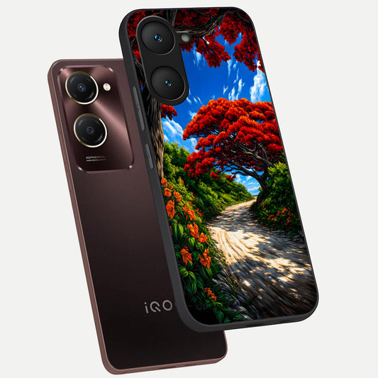  Red Trees Pathway phone case for iQOO Z9 lite showing premium glass back cover with detailed artwork