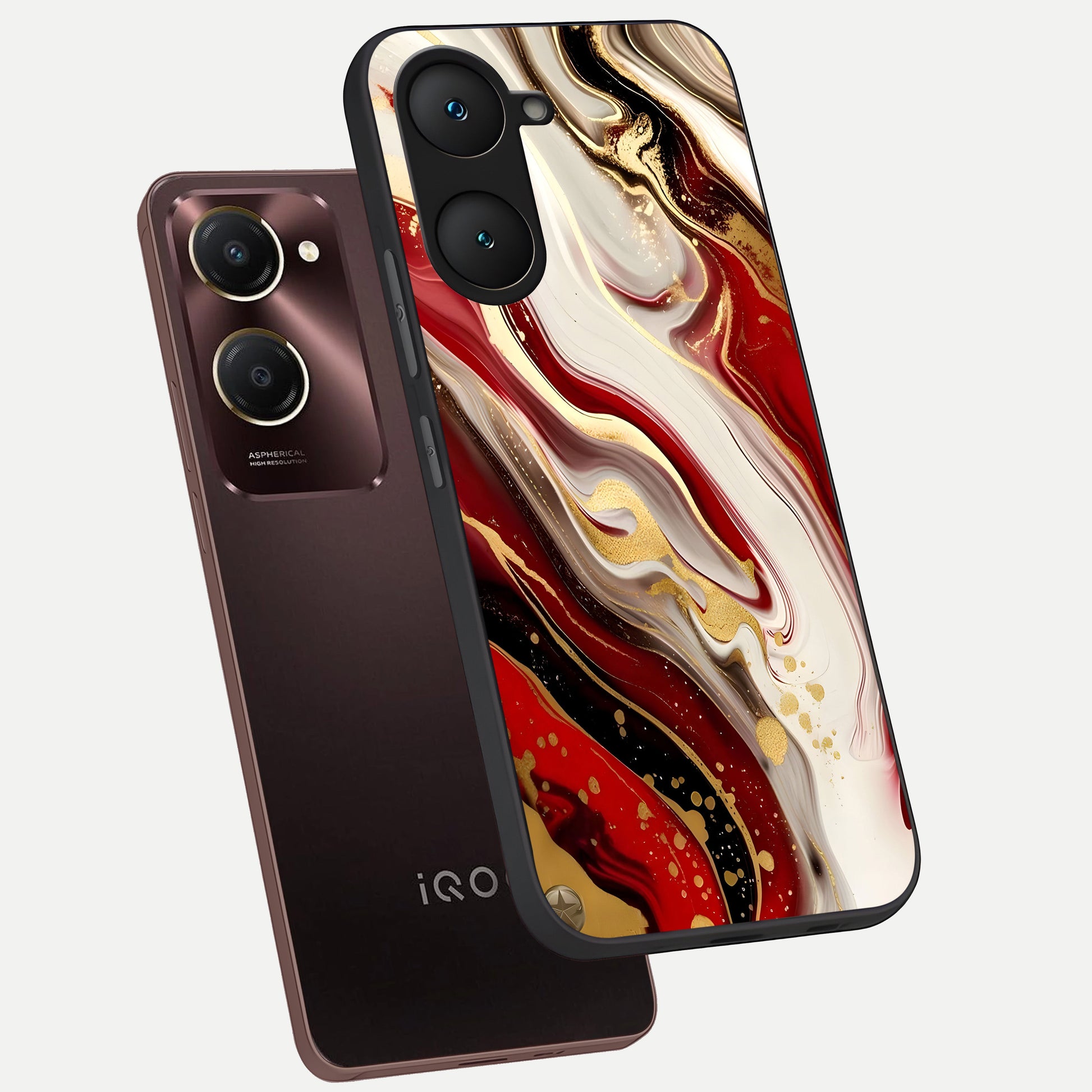  Red And White Marble phone case for iQOO Z9 lite showing premium glass back cover with detailed artwork