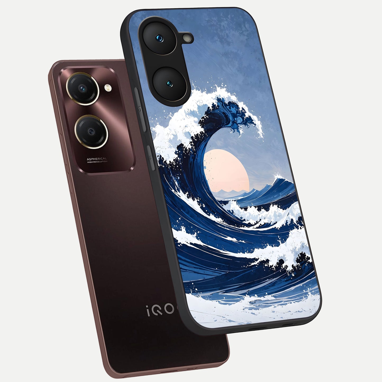  Rising Tide Power phone case for iQOO Z9 lite showing premium glass back cover with detailed artwork