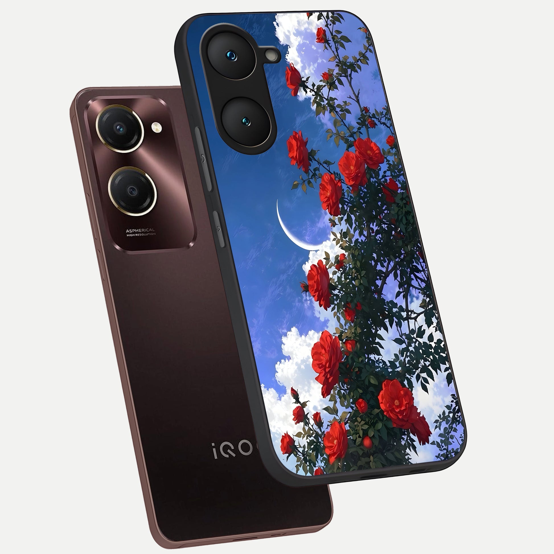  Rose Drift Flowers phone case for iQOO Z9 lite showing premium glass back cover with detailed artwork