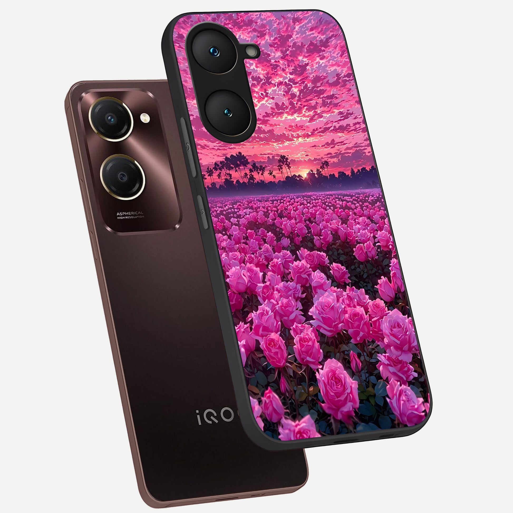  Rose Sunset Valley phone case for iQOO Z9 lite showing premium glass back cover with detailed artwork