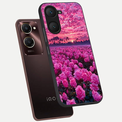  Rose Sunset Valley phone case for iQOO Z9 lite showing premium glass back cover with detailed artwork