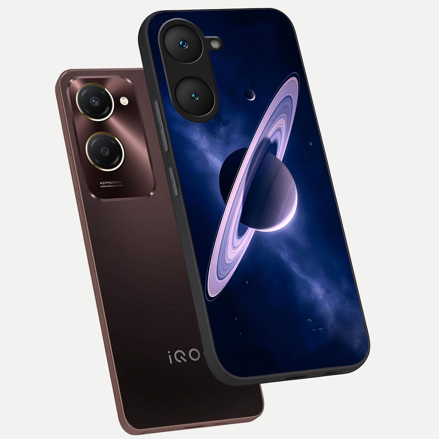  Saturn Ring Mystique phone case for iQOO Z9 lite showing premium glass back cover with detailed artwork