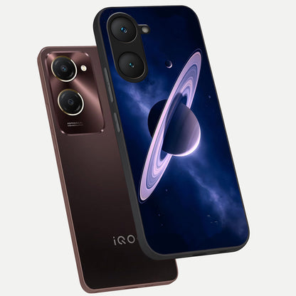  Saturn Ring Mystique phone case for iQOO Z9 lite showing premium glass back cover with detailed artwork