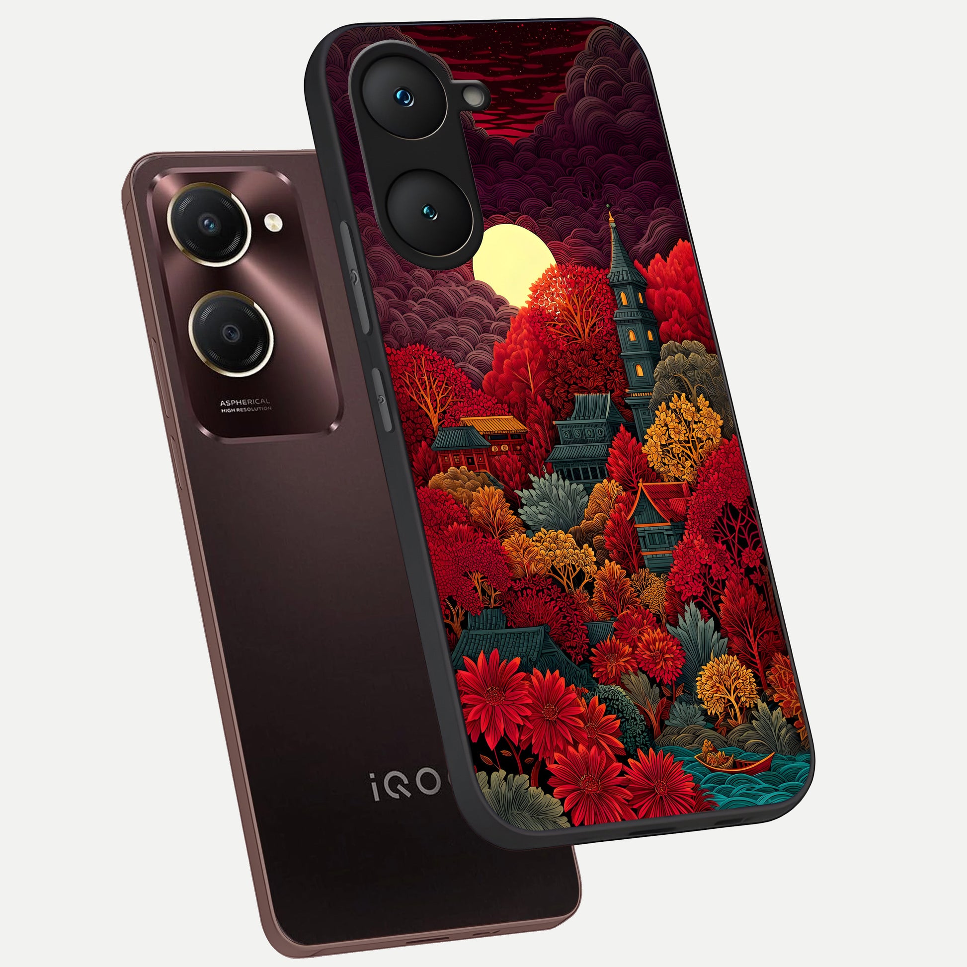 Scarlet Autumn Temple phone case for iQOO Z9 lite showing premium glass back cover with detailed artwork