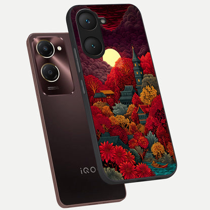  Scarlet Autumn Temple phone case for iQOO Z9 lite showing premium glass back cover with detailed artwork