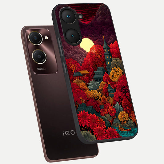  Scarlet Autumn Temple phone case for iQOO Z9 lite showing premium glass back cover with detailed artwork