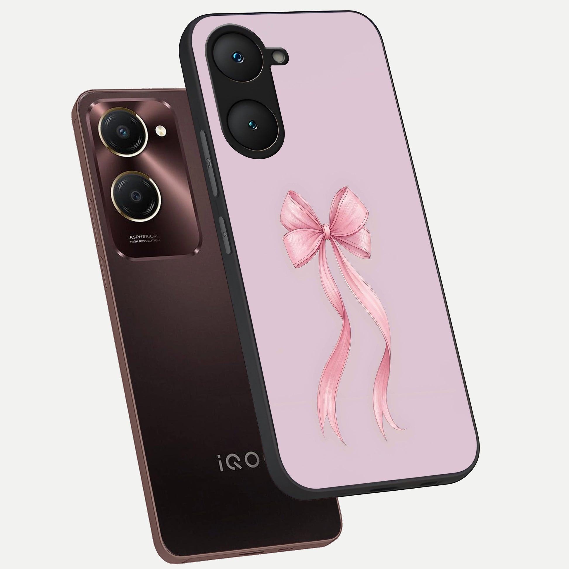  Soft Blush Bow phone case for iQOO Z9 lite showing premium glass back cover with detailed artwork