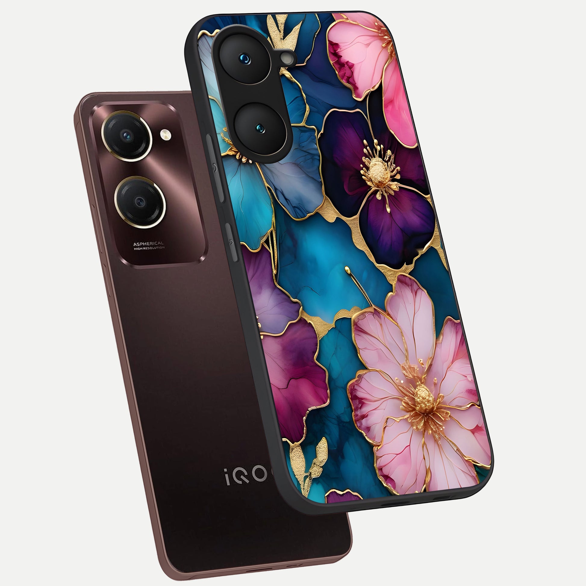  Sparkle Floral phone case for iQOO Z9 lite showing premium glass back cover with detailed artwork