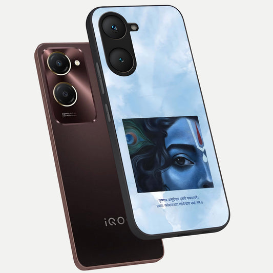  Spiritual Krishna phone case for iQOO Z9 lite showing premium glass back cover with detailed artwork