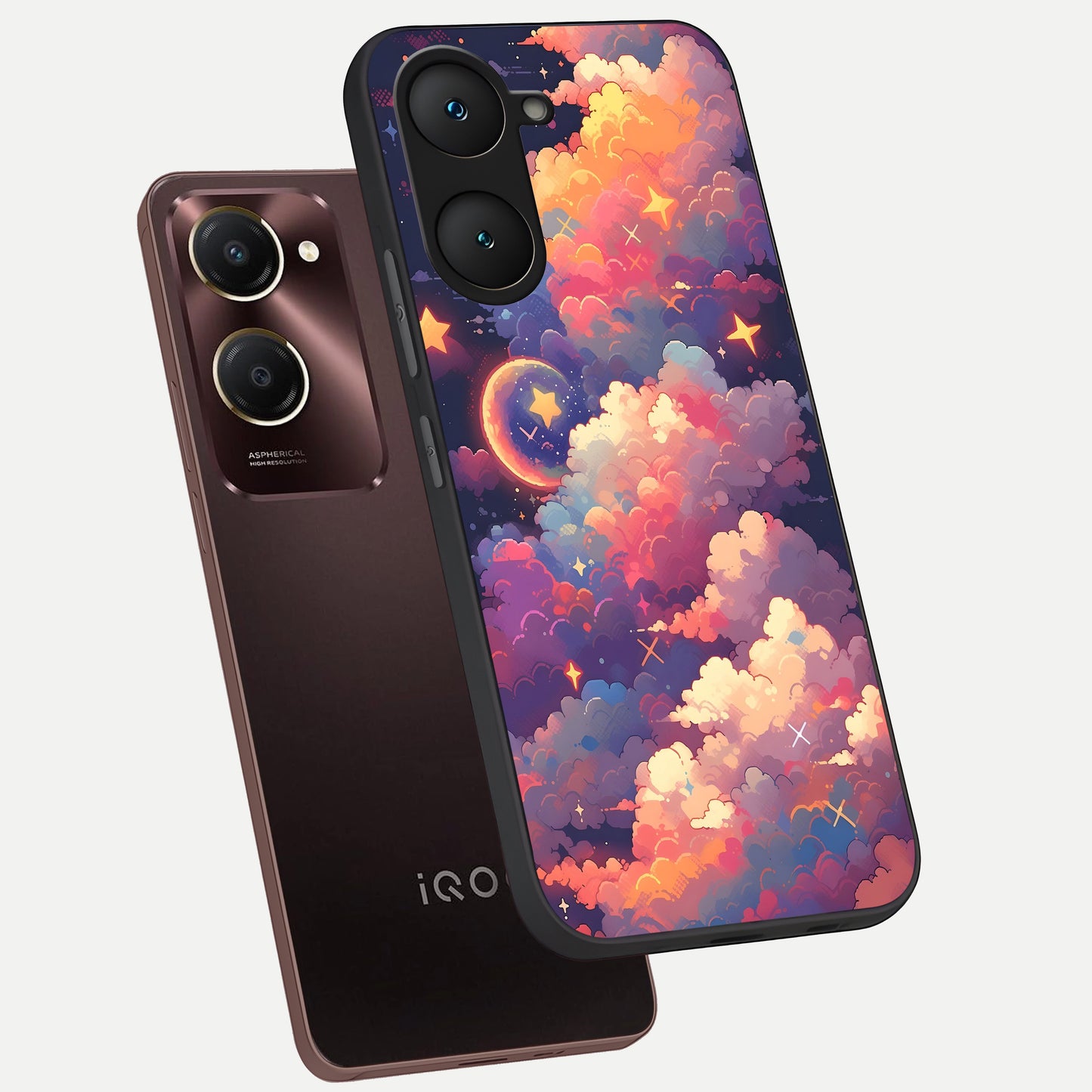  Starlit Dream Clouds phone case for iQOO Z9 lite showing premium glass back cover with detailed artwork